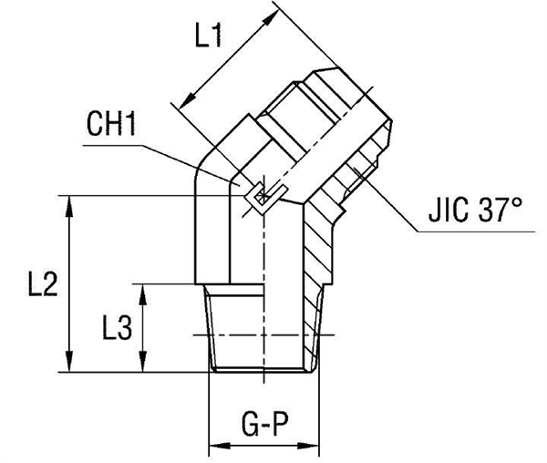 Угловой переходник 45° JIC 1-1/16"(Г)-BSPT 1"(Ш) - фото 147762