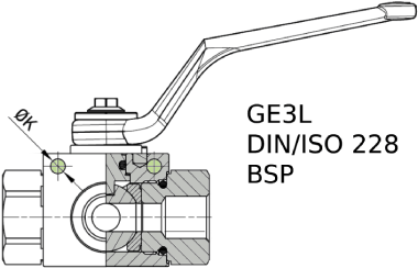 Кран 3-х ходовой шаровый BSP 1" DN 25 P=420 L-обр. с отверстиями для монтажа